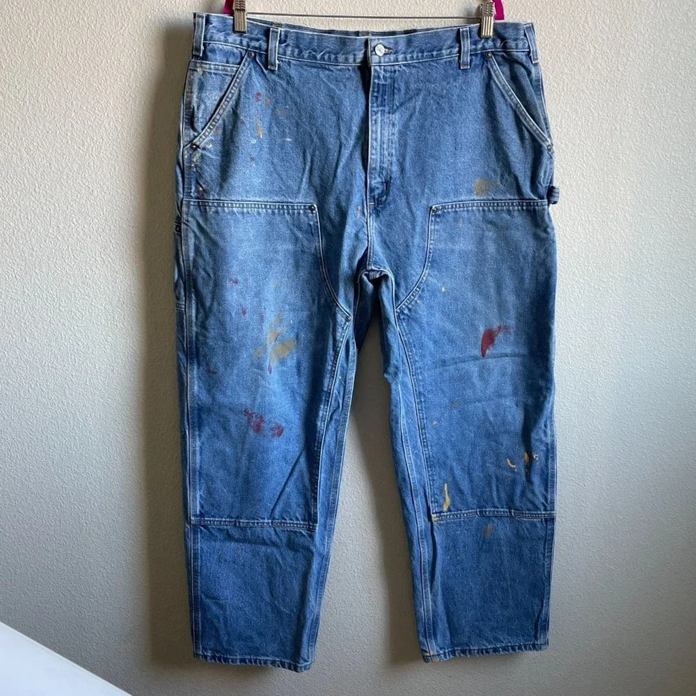 Carhartt Jeans Double Front Knee Washed Logger Denim Distressed Paint Grunge